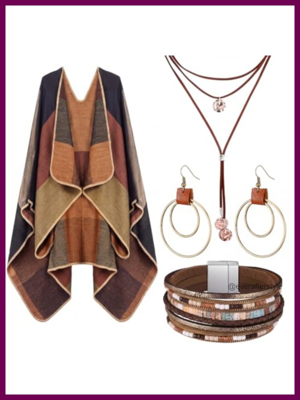 Boho Poncho Cape Layered Necklace Bracelet Earrings Jewelry Set